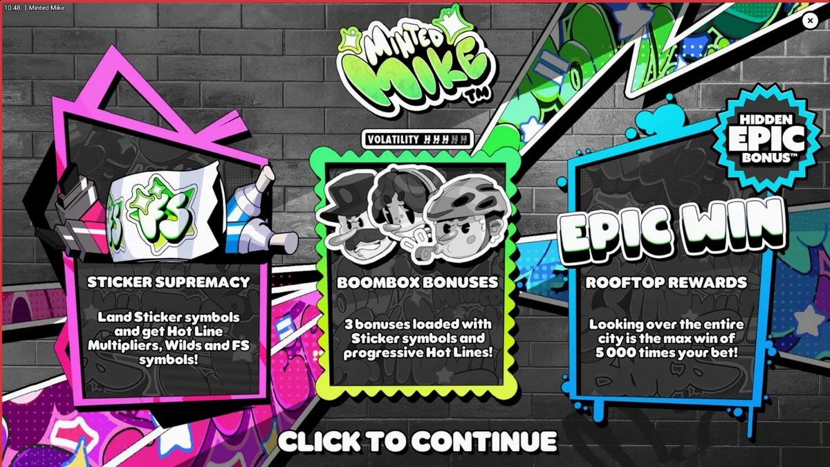 Isang makulay na graffiti-themed slot machine na Minted Mike mula sa Hacksaw Gaming na may neon aesthetics.