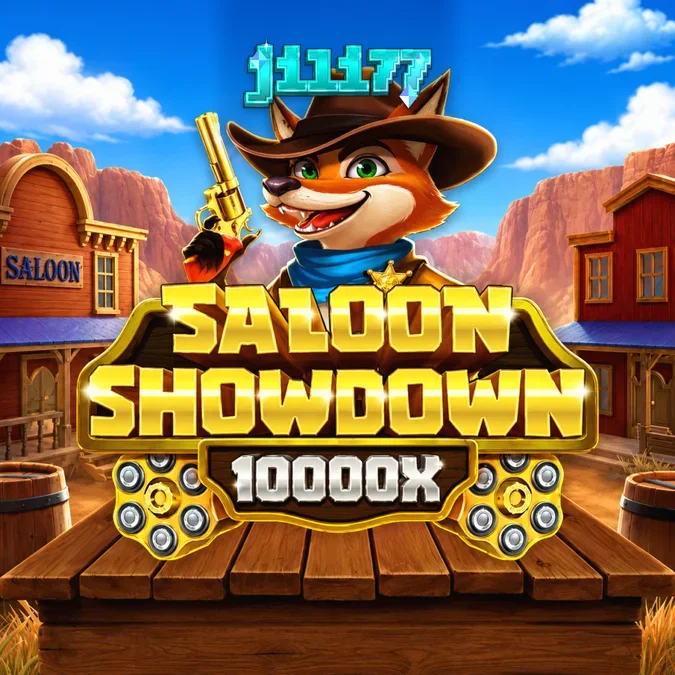 Isang visual na representasyon ng Wild West saloon setting sa Saloon Showdown 10,000x slot.
